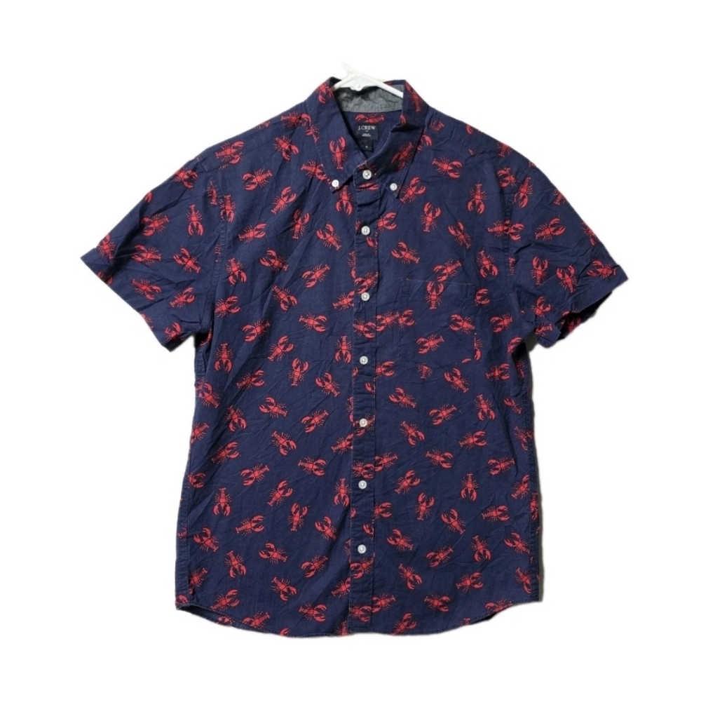 MENS J.CREW NAVY LOBSTER PRINT BUTTON DOWN SHORT SLEEVE SHIRT SIZE M